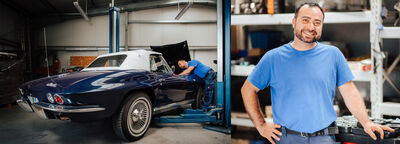 Feras Raschu arbeitet in der Werkstatt an einem blauen Oldtimer